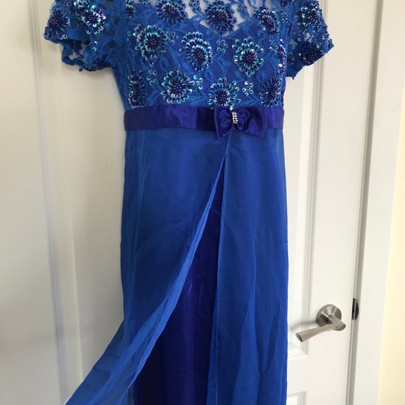Royal Blue Short Sleeve Sequin Gown with Skirt Overlay Long Evening Dress Prom - Picture 6 of 7